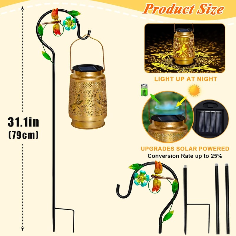 EDOF 2 Packs Dragonfly Solar Lanterns Outdoor Waterproof with Shepherd Hook,Hanging Solar Lights Garden Decor,Christmas Decorations Dragonfly Gift for Women Grandma,Metal Decorative Lanterns for Yard,Patio - Image 4